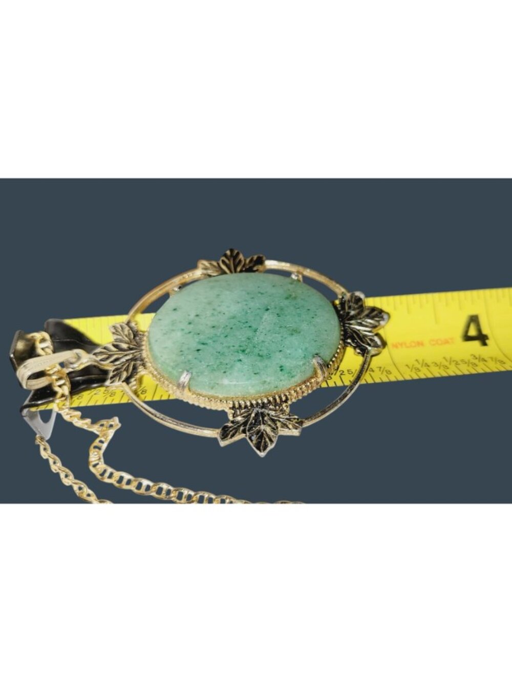 Large Green Agate Oval Stone Set in Gold Vermeil Filigree Pendant Chain 33" - Picture 6 of 7